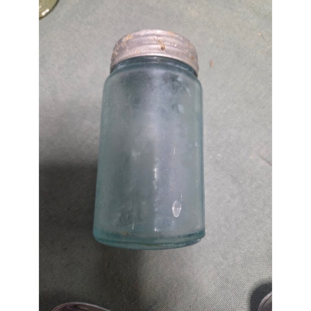 Vintage Aqua Blue Glass Jar with Metal Zinc Screw Lid Small Apothecary Bottle